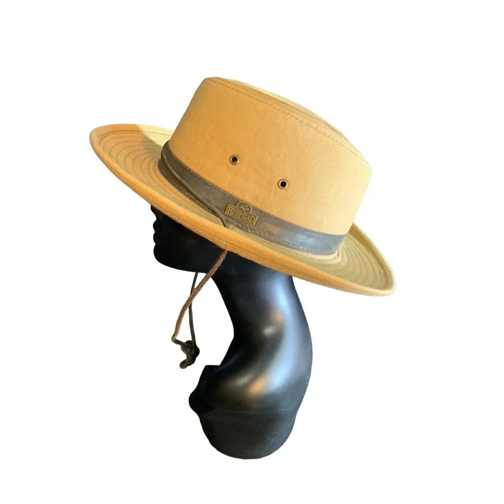 Red Head  Cotton Sun Outdoor Safari Hat With Leather Draw String Chin Strap